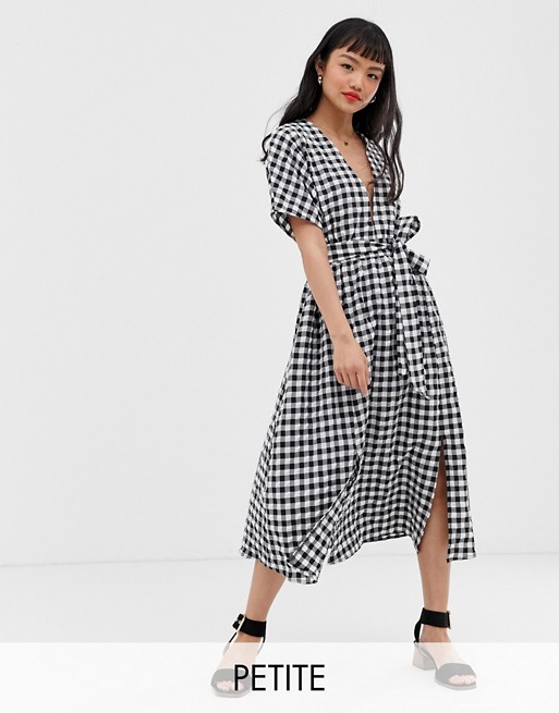 Glamorous Petite midi dress with pleated skirt and tie waist in gingham