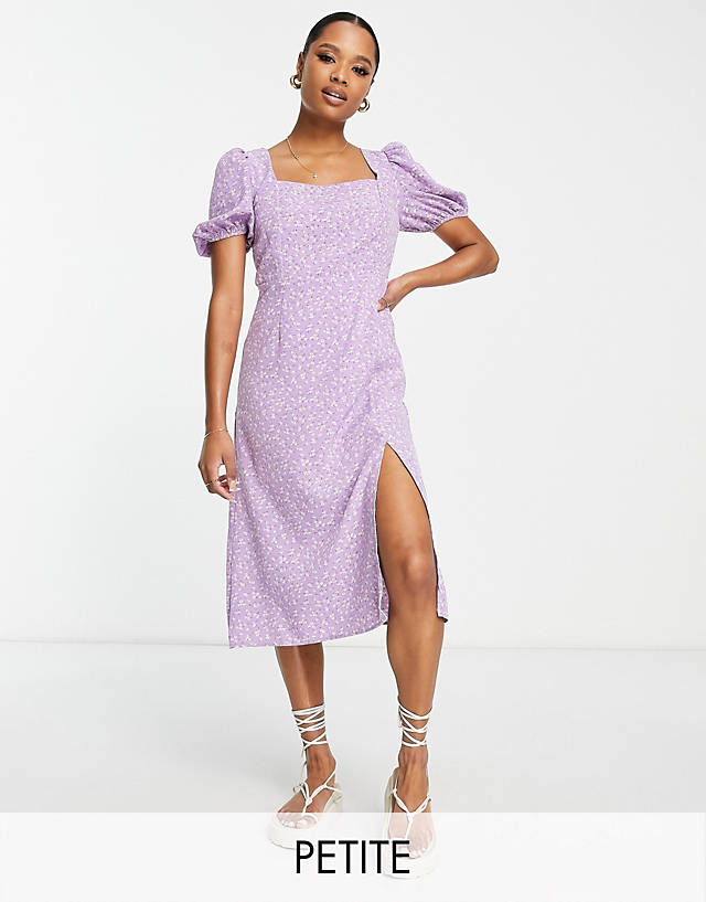 Glamorous Petite milkmaid midi tea dress with tie back in lilac floral