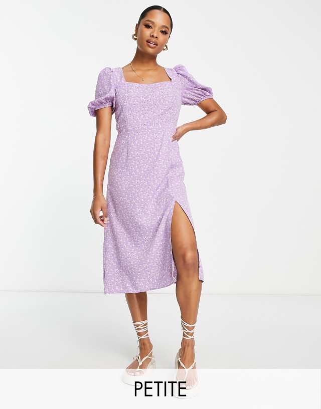 Glamorous Petite milkmaid midi tea dress with tie back in lilac floral