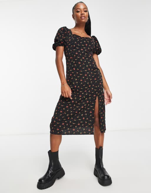 Glamorous Petite - Milkmaid-midikjole med pufærmer og småt kirsebærprint, 2 af 4