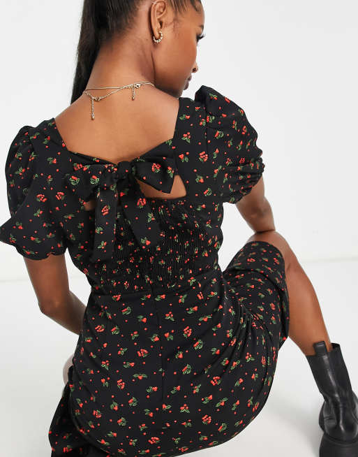 Glamorous Petite - Milkmaid-midikjole med pufærmer og småt kirsebærprint, 3 af 4