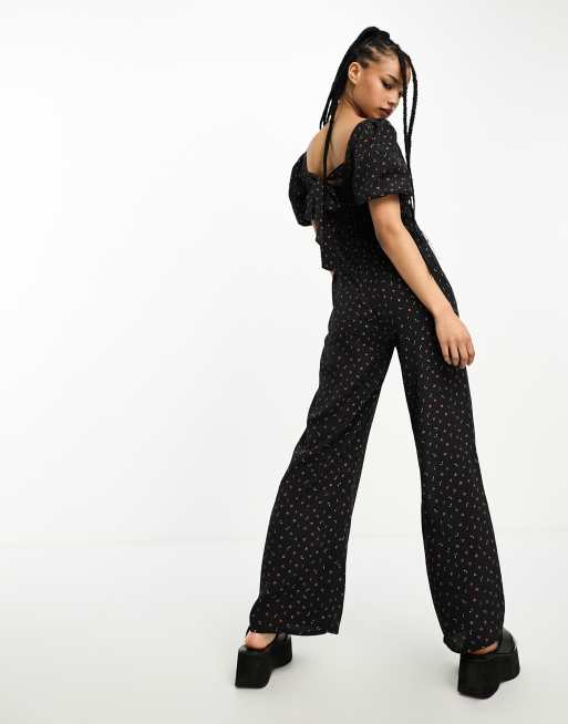 Glamorous Petite milkmaid wide leg jumpsuit with tie back in black cherry, 3 of 4