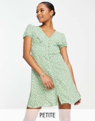 Glamorous Petite mini button front tea dress in green spring floral Smart Closet