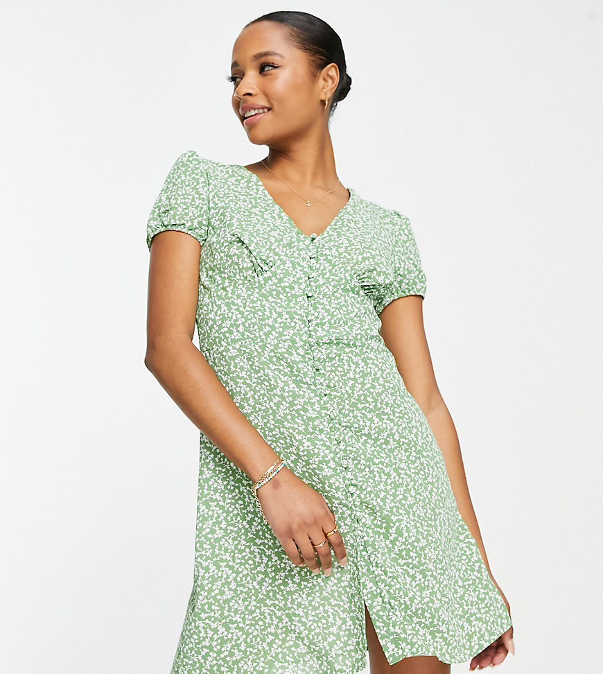 Glamorous Petite Mini Button Front Tea Dress In Green Spring Floral