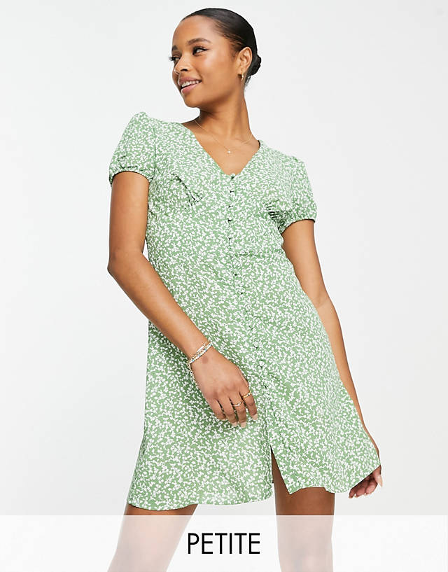 Glamorous Petite mini button front tea dress in green spring floral GN9744