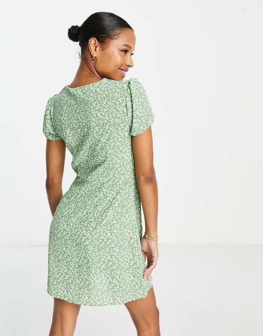 Glamorous Petite mini button front tea dress in green spring floral