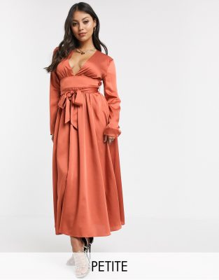 Glamorous Petite plunge front midi tea dress in satinOrange