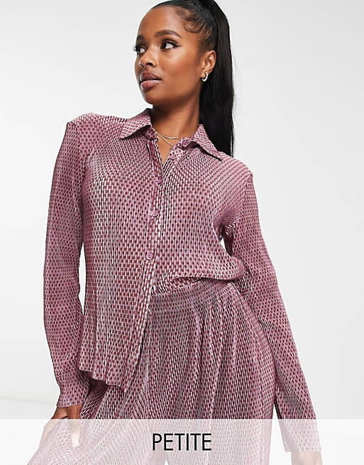 Glamorous Petite relaxed plisse shirt in purple spot (part of a set)