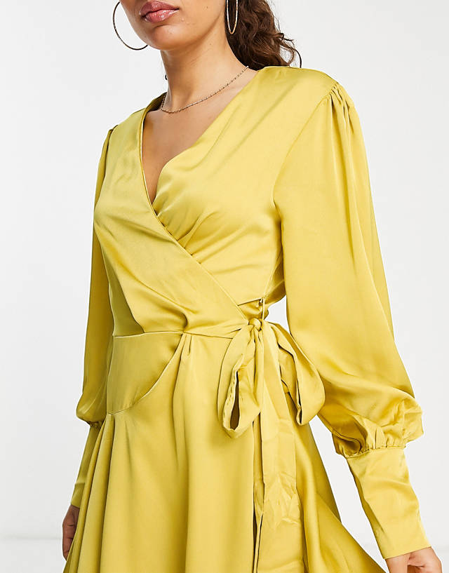 Glamorous Petite ruffle detail wrap dress in chartreuse satin GN9194