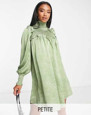 Glamorous Petite shirred neck mini smock dress in green spot-Multi