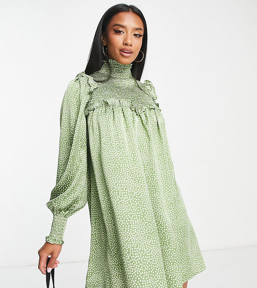 Glamorous Petite shirred neck mini smock dress in green spot-Multi