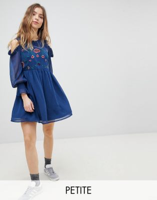 Smock Dress With Cold Shoulder And Embroidery-Navy