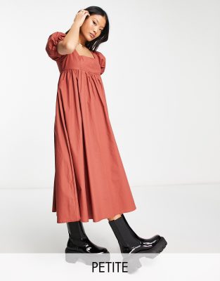 Glamorous Petite square neck puff sleeve midi smock dress in rust-Copper