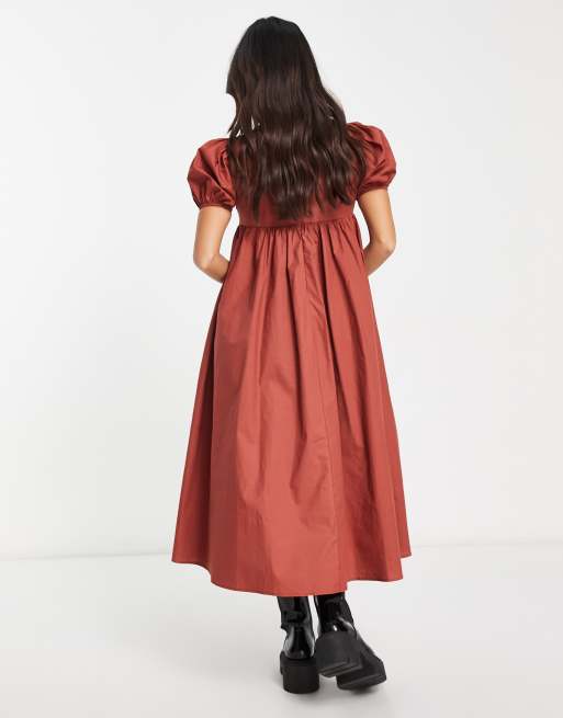 Glamorous Petite square neck puff sleeve midi smock dress in rust, 2 of 4