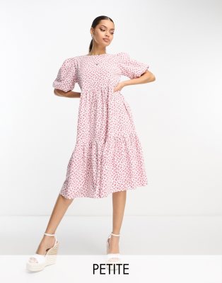 Glamorous Petite tie back short sleeve tiered smock dress in rose bud floral