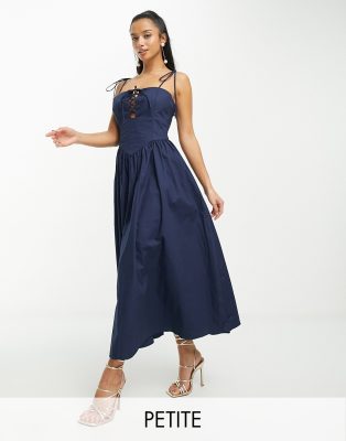 Glamorous Petite tie front detail midi cami smock dress in navy