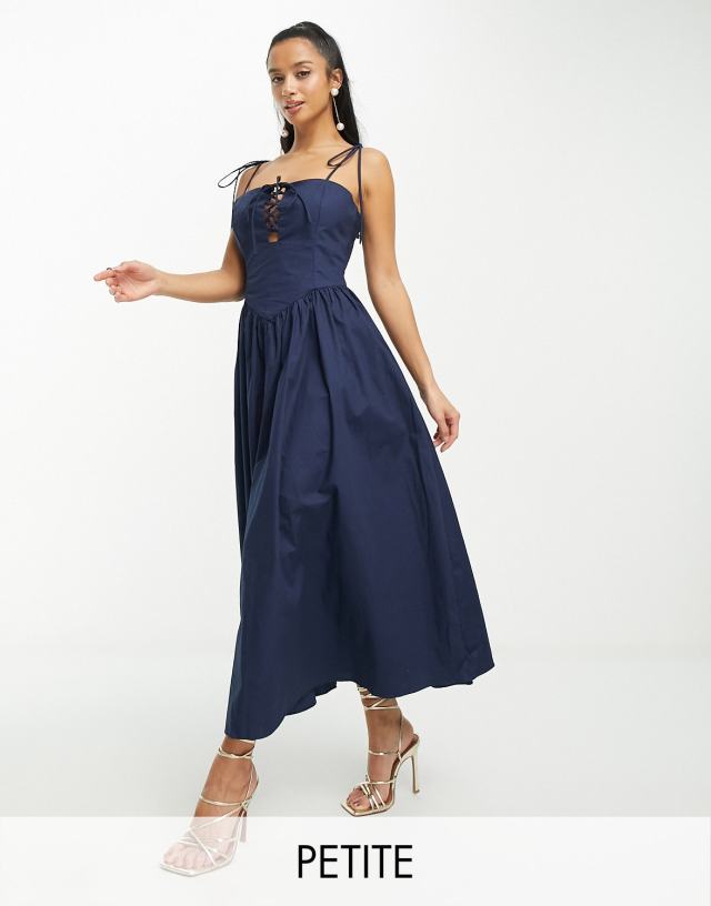 Glamorous Petite - tie front detail midi cami smock dress in navy