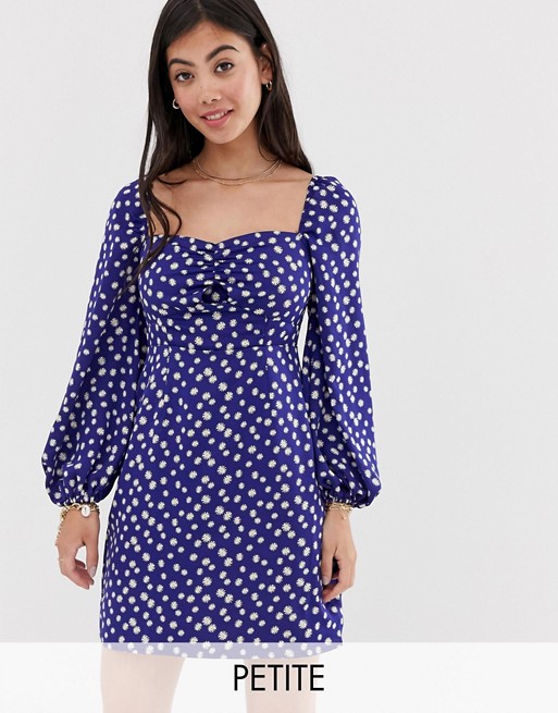 Glamorous Petite tie front mini dress with volume sleeves in daisy print