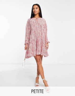 tie neck mini smock swing dress in red leopard-Multi