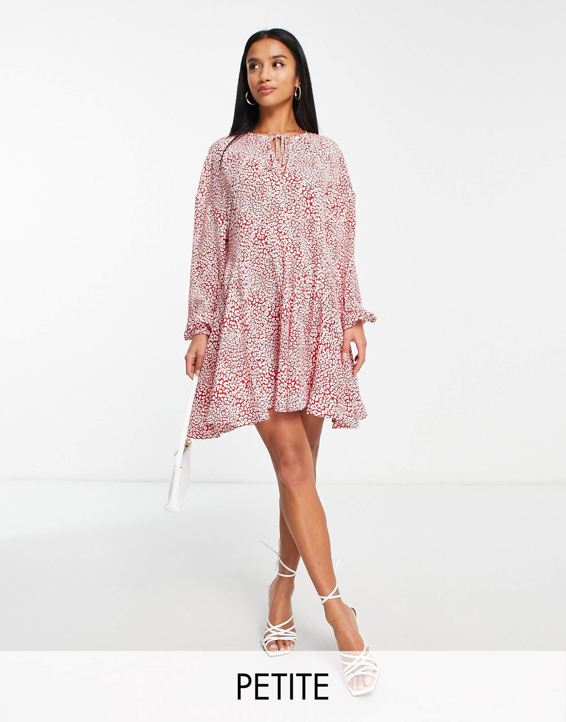 glamorous petite tie neck mini smock swing dress in red leopard