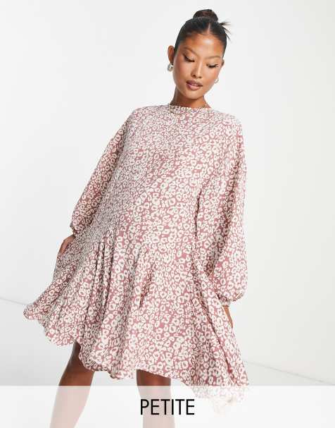 Glamorous Petite tie neck tiered smock mini dress in mauve leopard - view 1