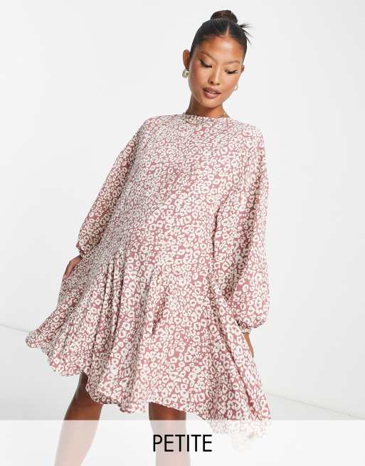 Glamorous Petite tie neck tiered smock mini dress in mauve leopard | ASOS