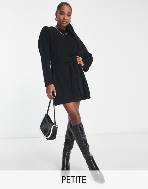 Glamorous Petite tie waist chunky jumper dress in black knit