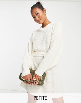 Glamorous Petite tie waist chunky jumper dress in off white knit