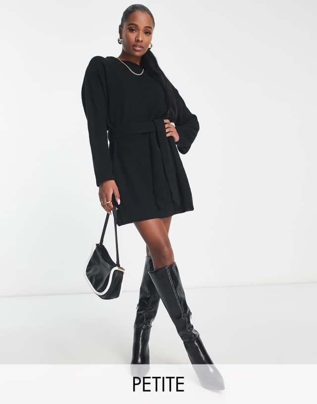 Glamorous Petite tie waist chunky sweater dress in black knit