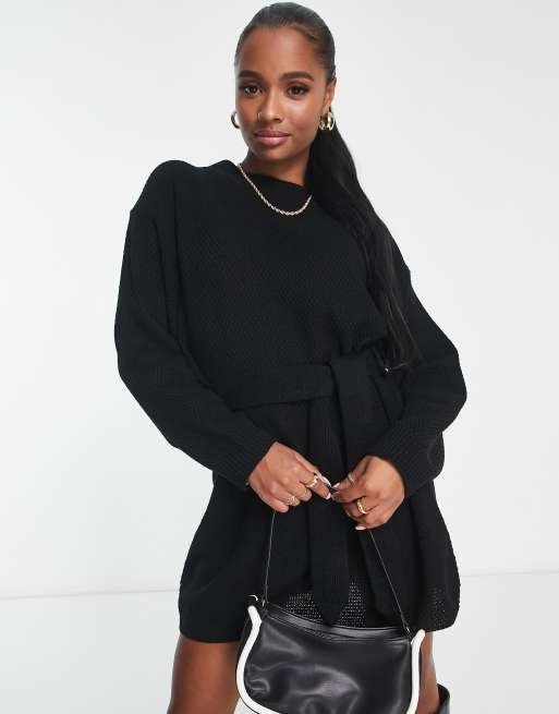 Glamorous Petite tie waist chunky sweater dress in black knit