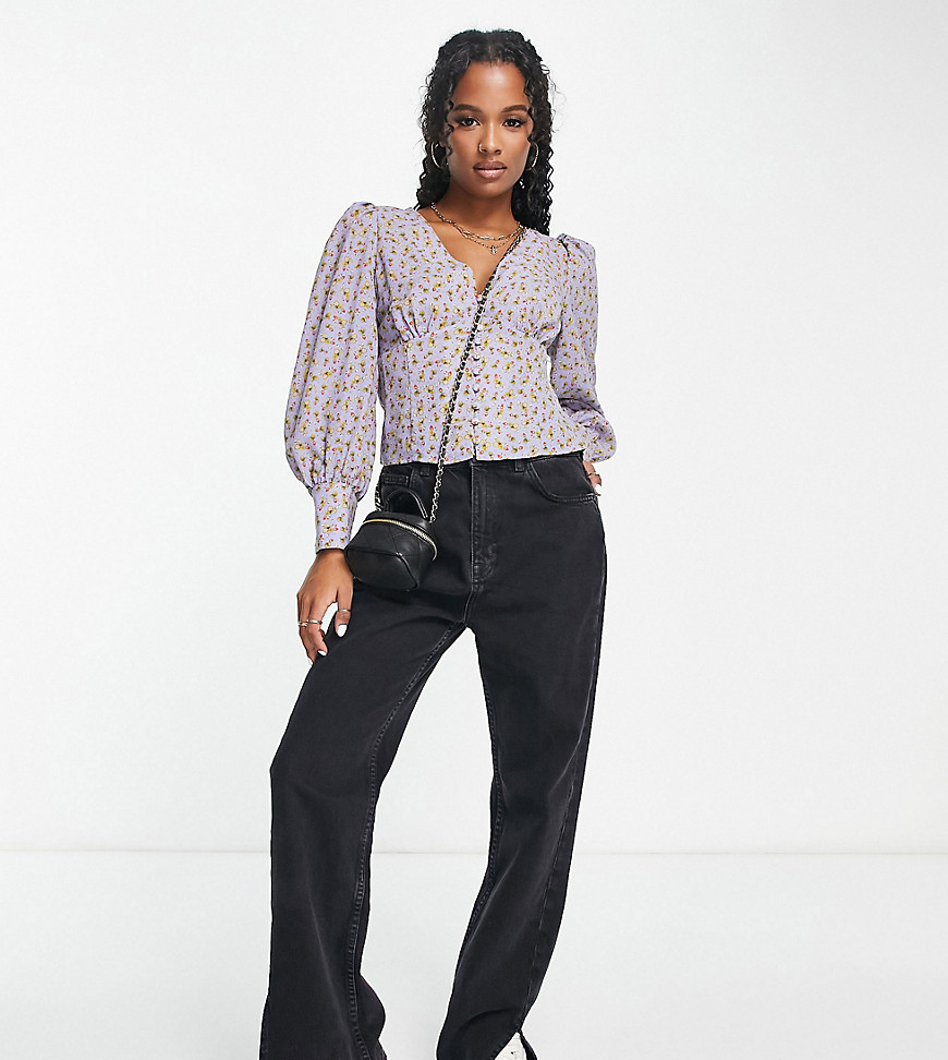 Glamorous Petite v neck button front blouse in blue berry print-Multi