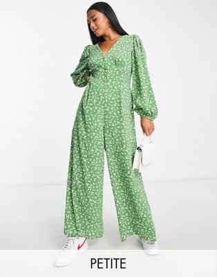 Glamorous Petite V-neck Button Front Jumpsuit In Green Mini Daisy Print
