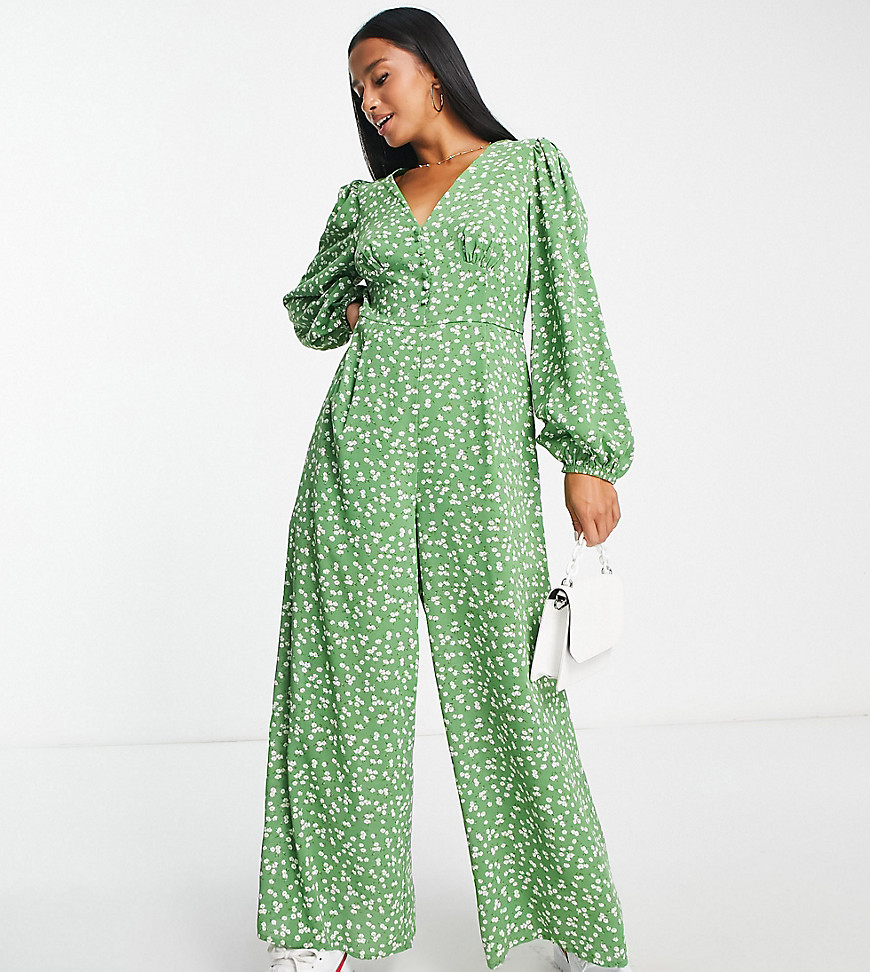 Glamorous Petite V-neck Button Front Jumpsuit In Green Mini Daisy Print