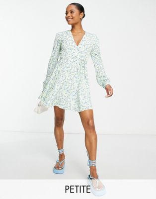 v neck long sleeve tea dress with tie waist in pastel floral-Multi