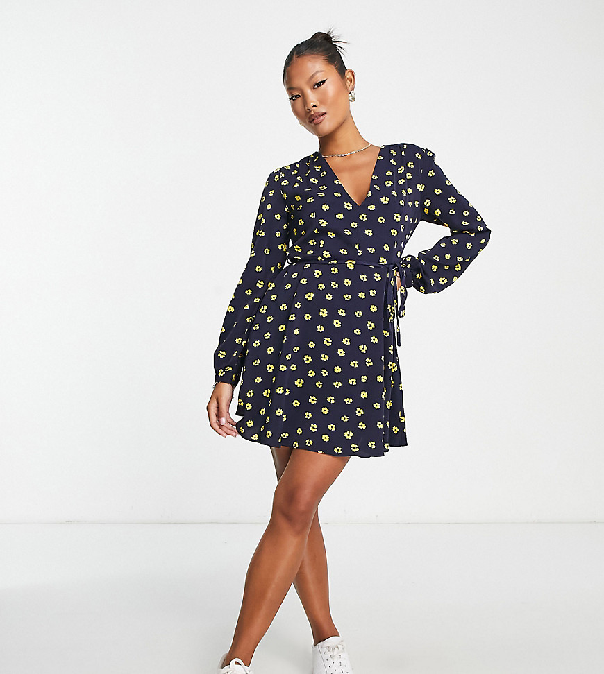 Glamorous Petite V Neck Tie Waist Dress In Navy Yellow Floral-multi