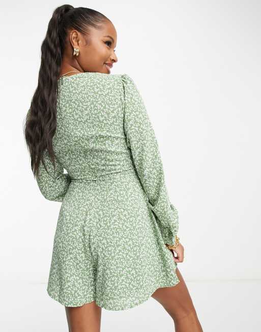 Glamorous Petite v neck tie waist tea playsuit in green ditsy floral, 4 of 4