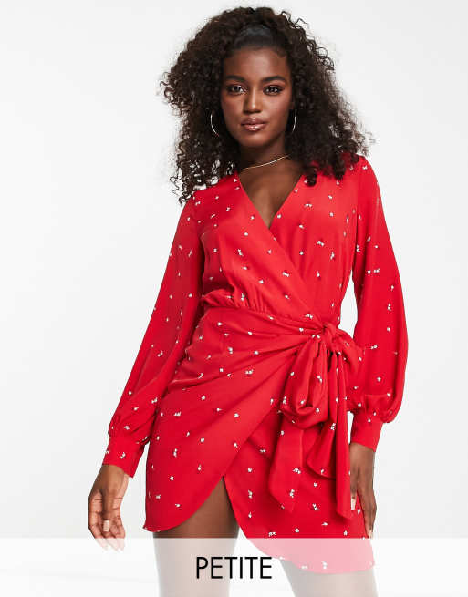 Glamorous Petite - Vestito avvolgente a maniche lunghe allacciato in vita rosso a fiorellini