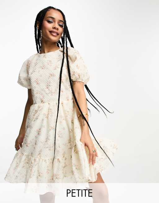 Glamorous Petite - Vestito corto bianco sporco a fiori allacciato sul retro con maniche a sbuffo