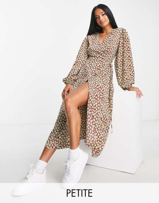 Glamorous Petite - Vestito midi avvolgente marrone e verde a fiori