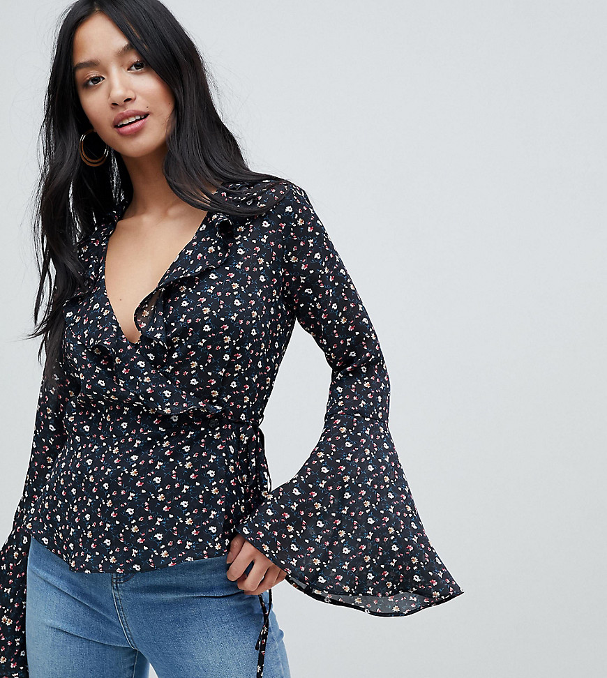 Glamorous Petite Wrap Blouse With Bell Sleeve In Ditsy Floral-Black