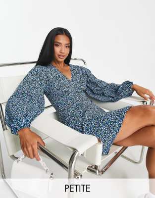 Glamorous Petite Glamorous Petite wrap dress with tie waist in blue ditsy floral-Multi