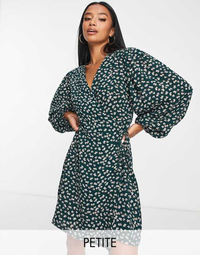 Glamorous Petite wrap mini dress in green ditsy print