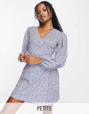 Glamorous Petite wrap mini tea dress in blue ditsy-Multi