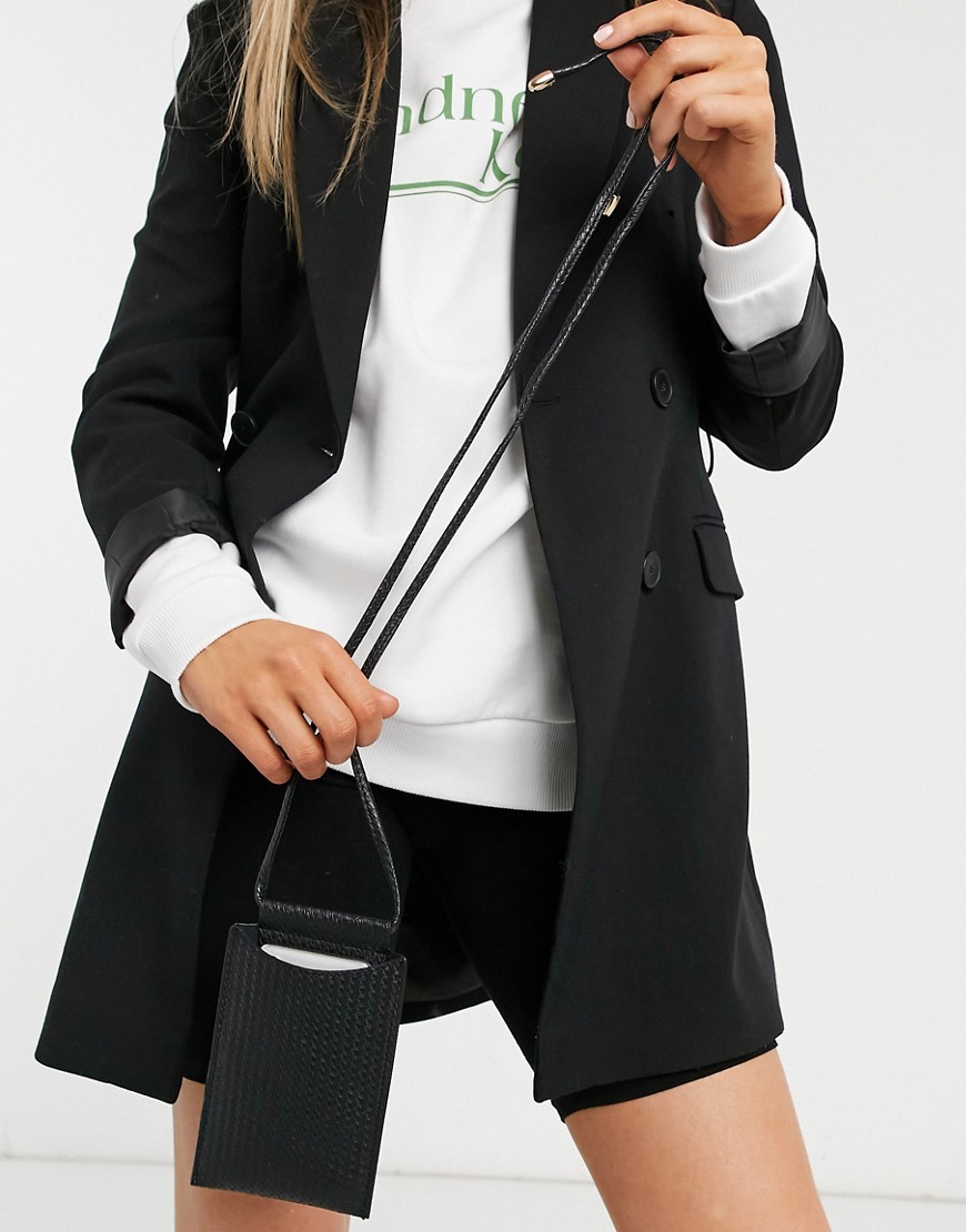 Glamorous Phone Holder Cross Body Bag With Strap In Black Weave