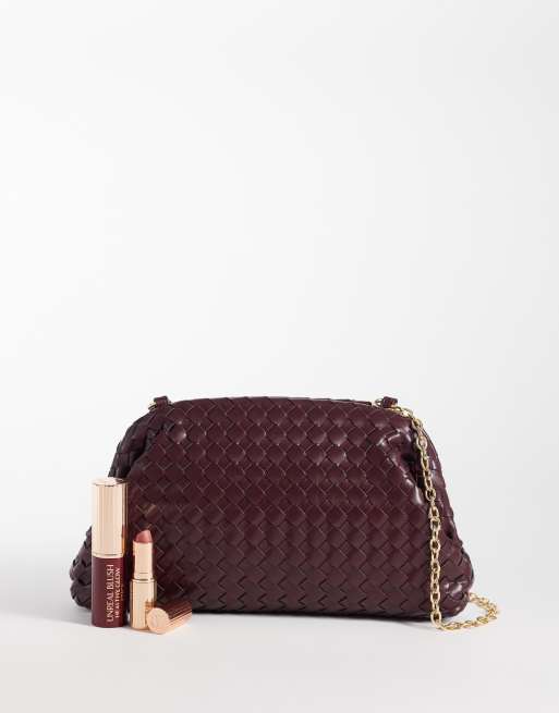 Glamorous pillow clutch purse in woven burgundy, 2 of 4