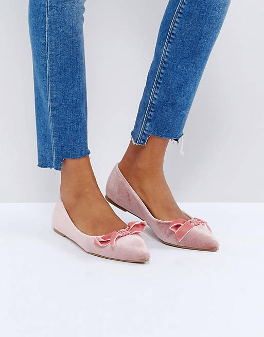 Glamorous Pink Velvet Bow Ballet Flat Shoes