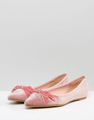 Womens Glamorous Pink Velvet Bow Ballet Flat Shoes