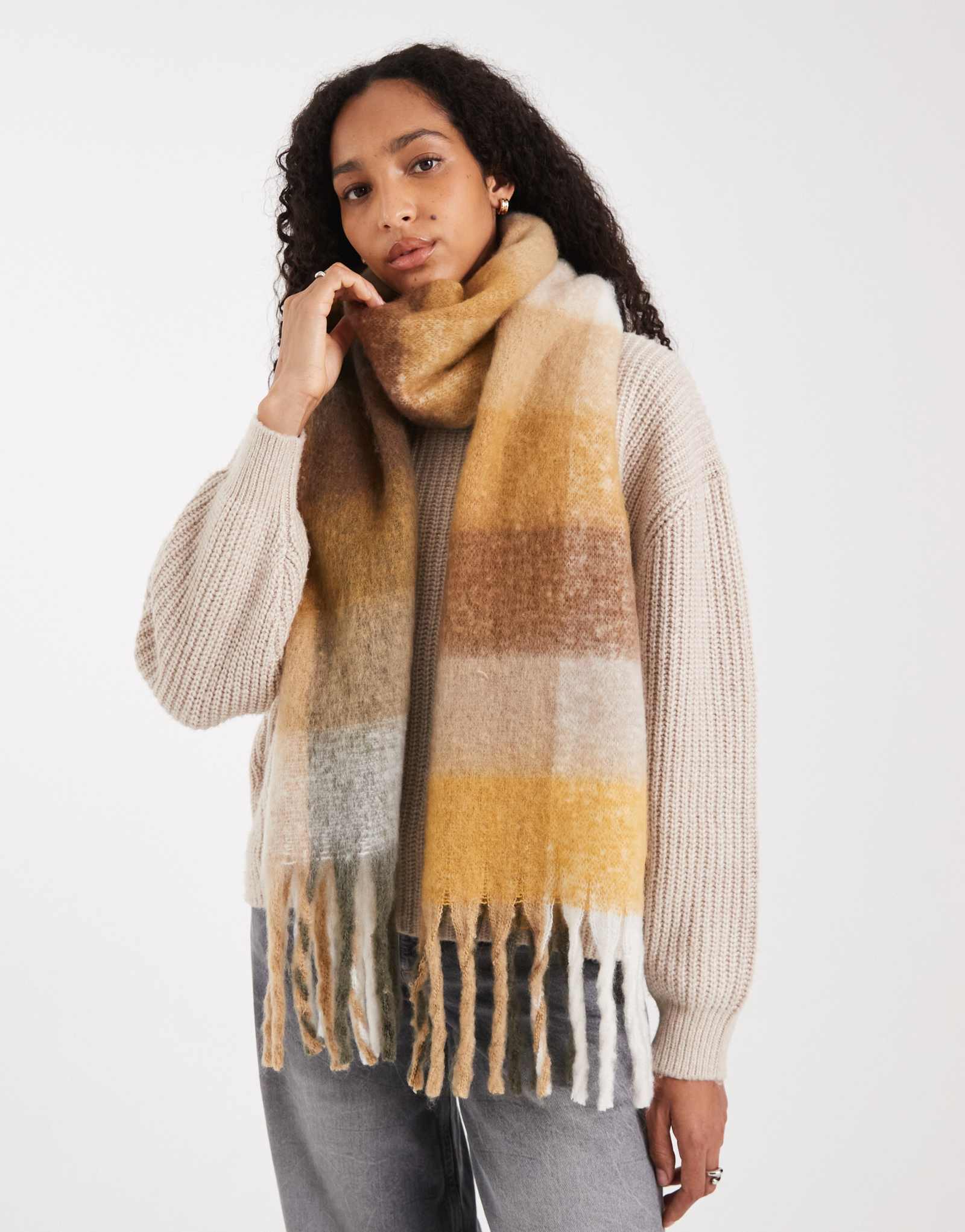 Гламурный клетчатый шарф-одеяло желтого и коричневого цветов