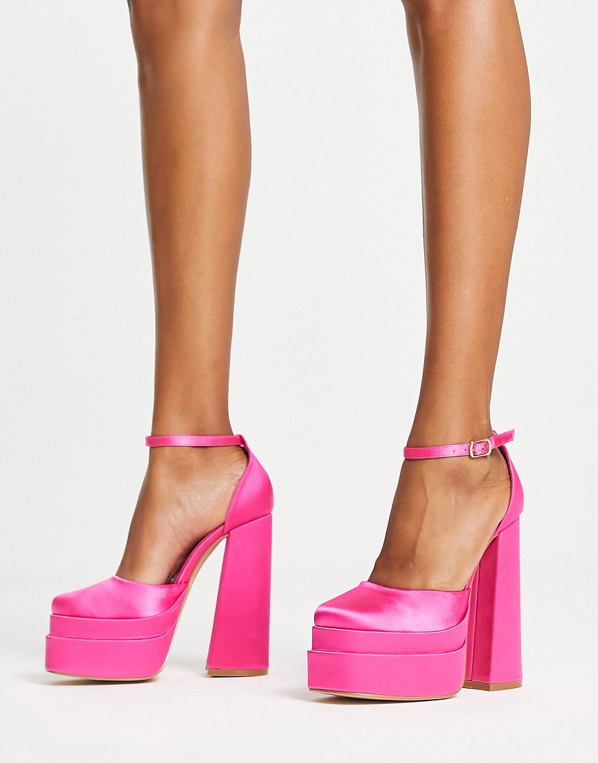 Glamorous Platform Heel Sandals In Pink Satin In Blue