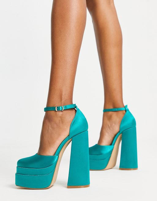 Glamorous platform heel sandals in teal satin | ASOS